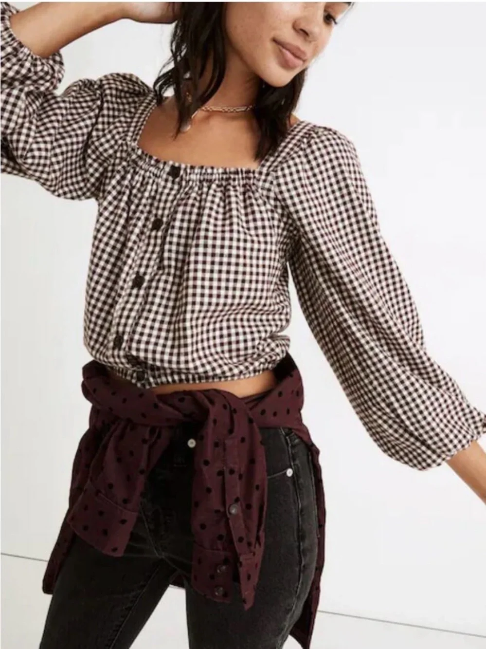 Madewell Brown and White Gingham Square-Neck Blouse